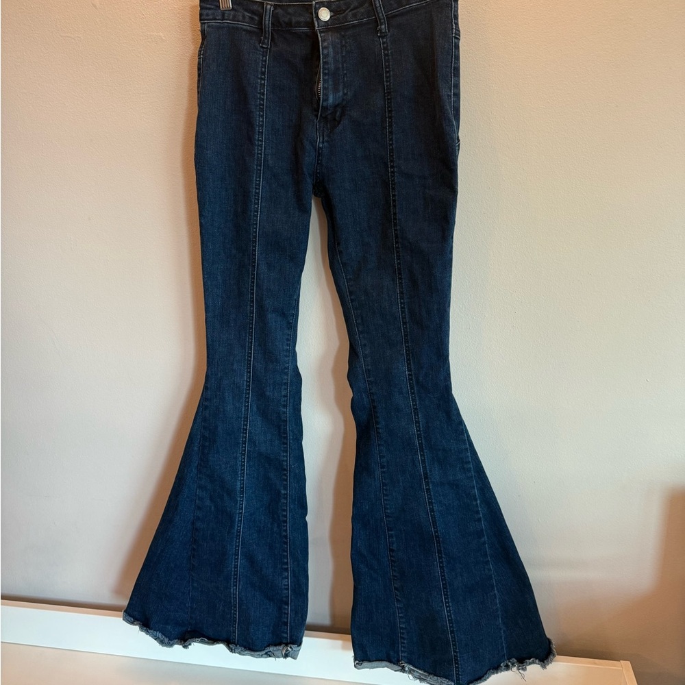 Saints & Hearts flare bell bottom jeans brown suede stars on back  med